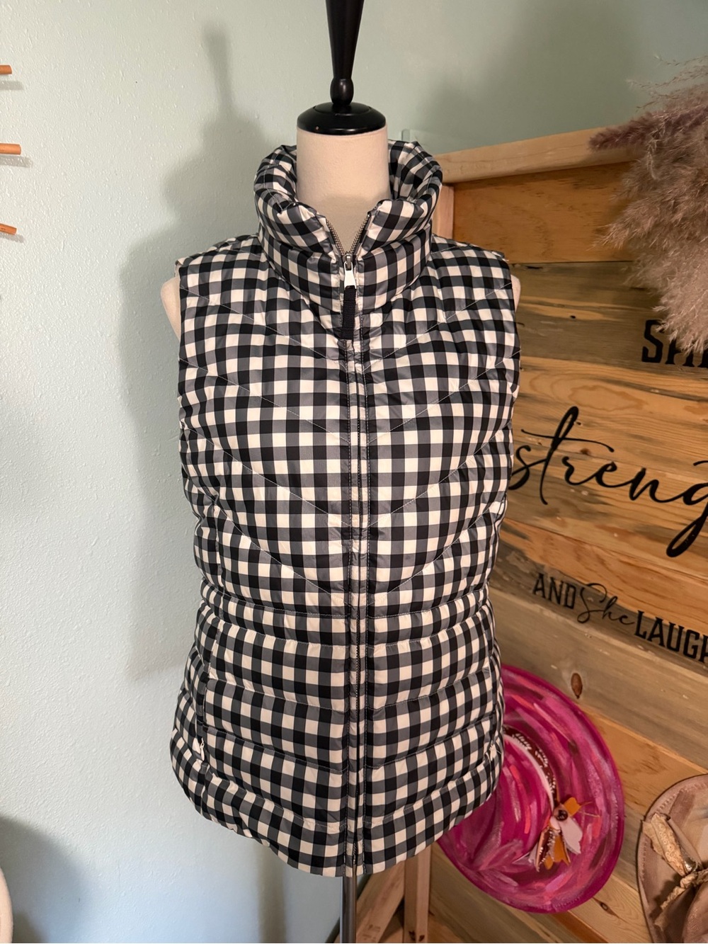 Talbots Black and White Gingham Quilted Vest